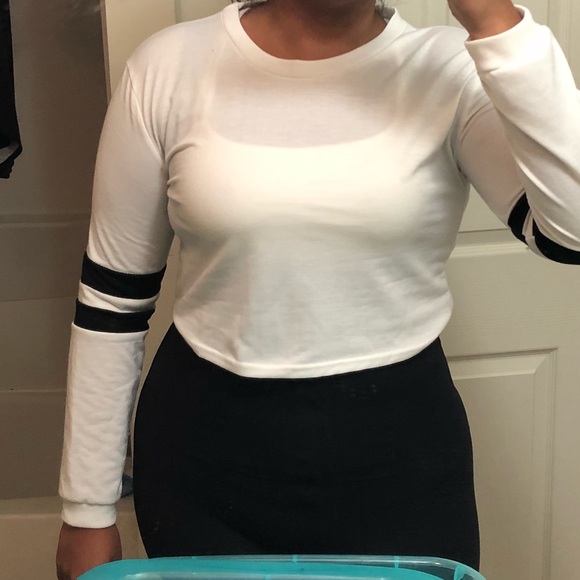 White Varsity Striped Sleeve Crop T-Shirt - Picture 3 of 4